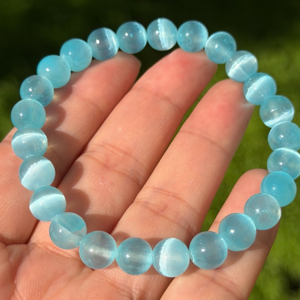 8mm stretchable blue cat‎ eye selenite bracelet 0982